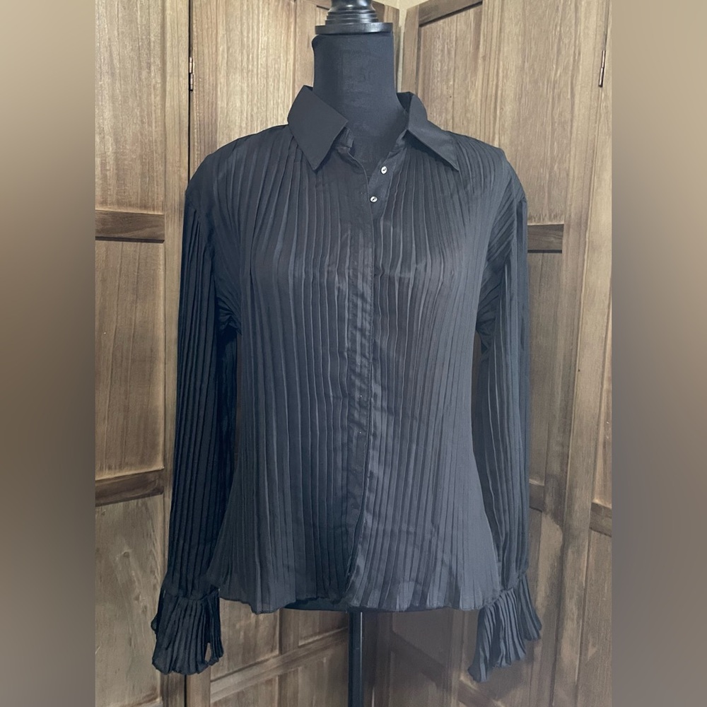 NWOT Women’s Black Pleated Button Down Shirt with Bell Sleeve